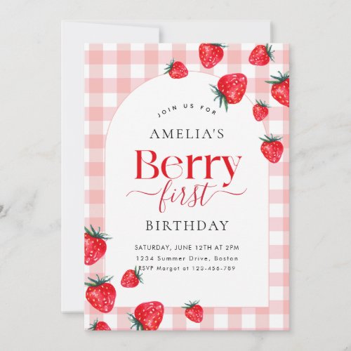 Pink Gingham Berry First Birthday Strawberry Girl Invitation