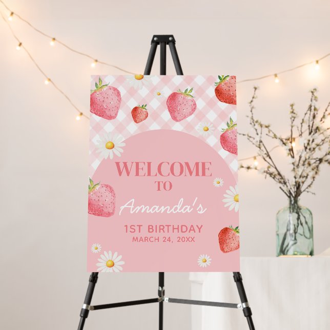 Pink Gingham Berry First Birthday Welcome Sign (In Situ (Stand))