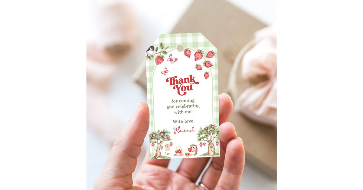 Pink Gingham Berry First Strawberry 1st Birthday Gift Tags | Zazzle