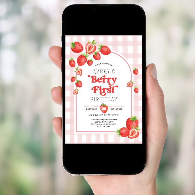Pink Gingham Berry First Strawberry 1st Birthday Invitation (Front Digital)