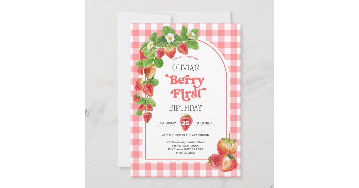 Pink Gingham Berry First Strawberry 1st Birthday Invitation | Zazzle