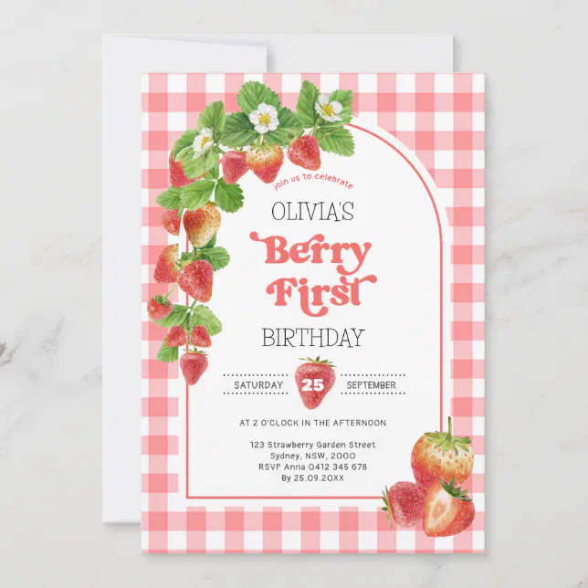 Pink Gingham Berry First Strawberry 1st Birthday Invitation | Zazzle