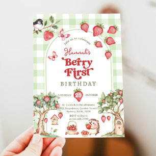 Pink Gingham Berry First Strawberry 1st Birthday Invitation