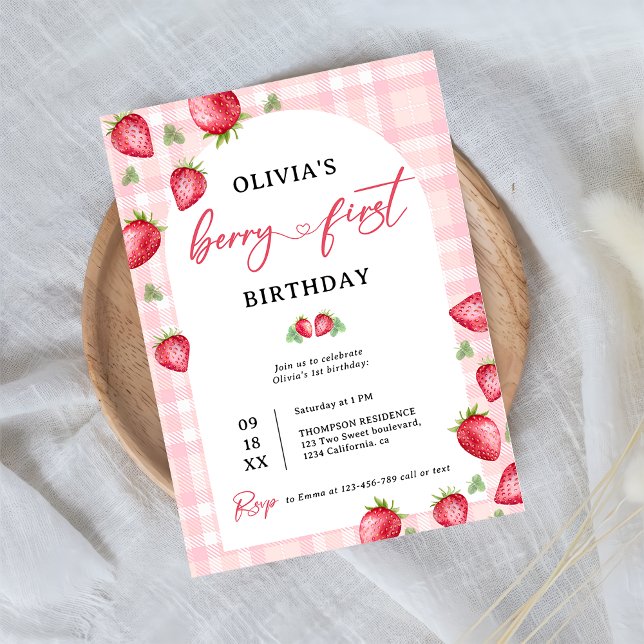Pink Gingham Berry First Strawberry 1st Birthday Invitation (Creator Uploaded)