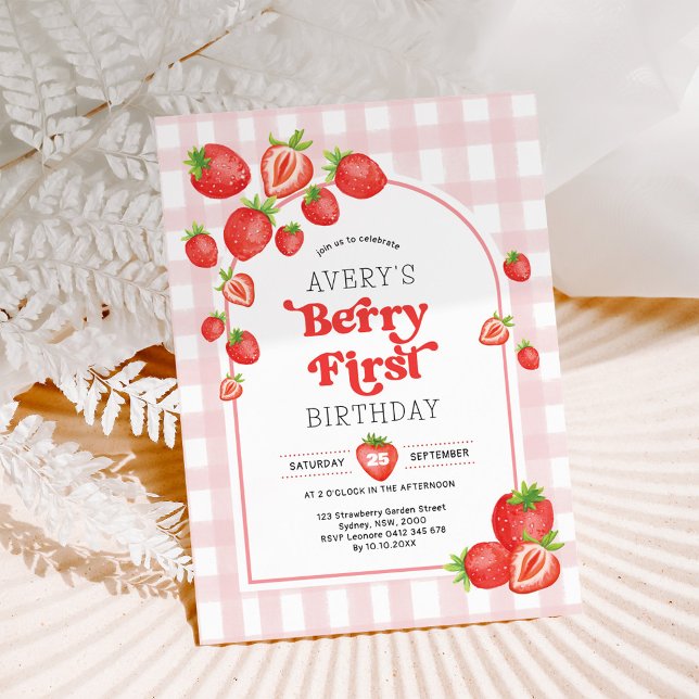 Pink Gingham Berry First Strawberry 1st Birthday Invitation (Creator Uploaded)