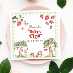 Pink Gingham Berry First Strawberry 1st Birthday Napkins