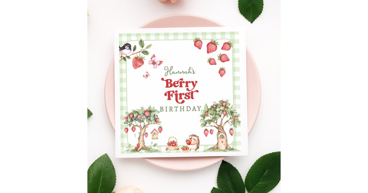 Pink Gingham Berry First Strawberry 1st Birthday Napkins | Zazzle