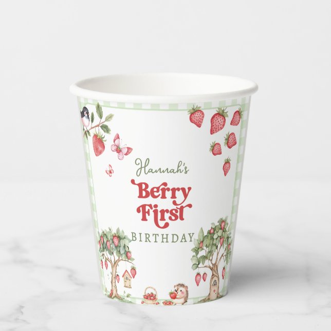 Pink Gingham Berry First Strawberry 1st Birthday Paper Cups (Front)
