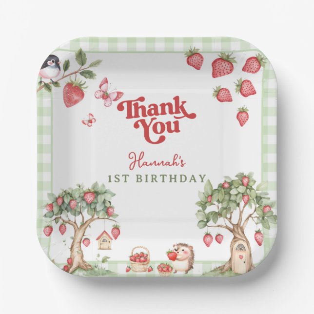 Pink Gingham Berry First Strawberry 1st Birthday Paper Plates (Front)