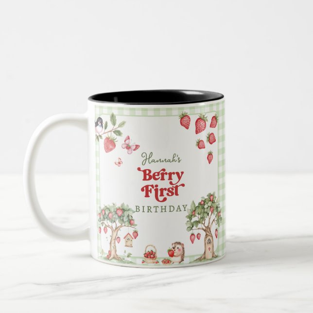Pink Gingham Berry First Strawberry 1st Birthday Two-Tone Coffee Mug (Left)