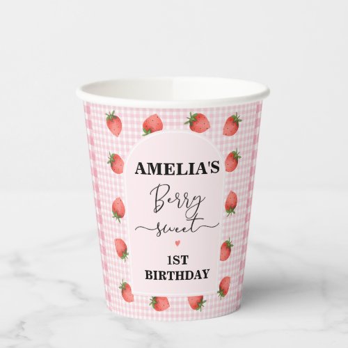 Pink Gingham Berry Sweet 1st Birthday Party  Paper Cups