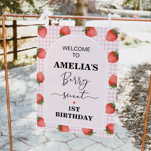 Pink Gingham Berry Sweet 1st Birthday Welcome Sign