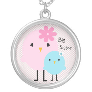 Pink Gingham Big Sister Birds Girls Necklace