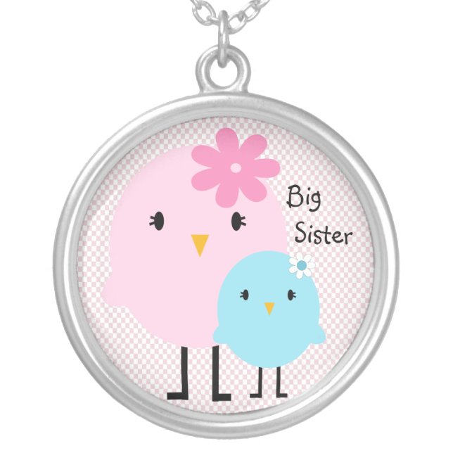 Pink Gingham Big Sister Birds Girls Necklace (Front)