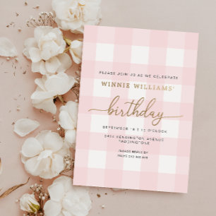 Pink Gingham Birthday Gold Foil Invitation