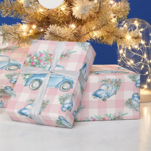 Pink Gingham Blue Christmas Vintage Car Wrapping Paper