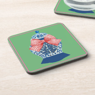 Pink Gingham Blue Ginger Jar Beverage Coaster