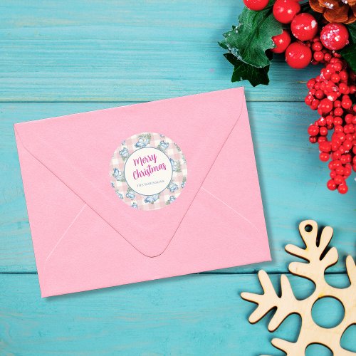 Pink Gingham Blue Vintage Christmas Car Classic Round Sticker