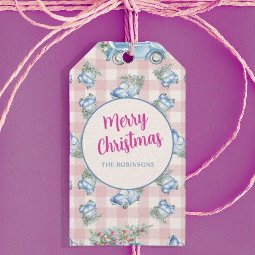 Pink Gingham Blue Vintage Christmas Car Gift Tags