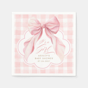 Pink Gingham Blush Bow Girl Baby Shower Napkins
