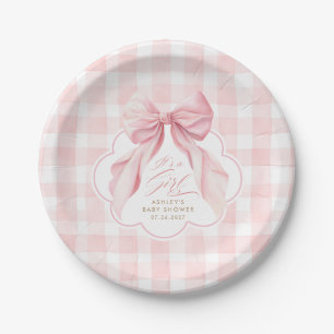 Pink Gingham Blush Bow Girl Baby Shower Paper Plates