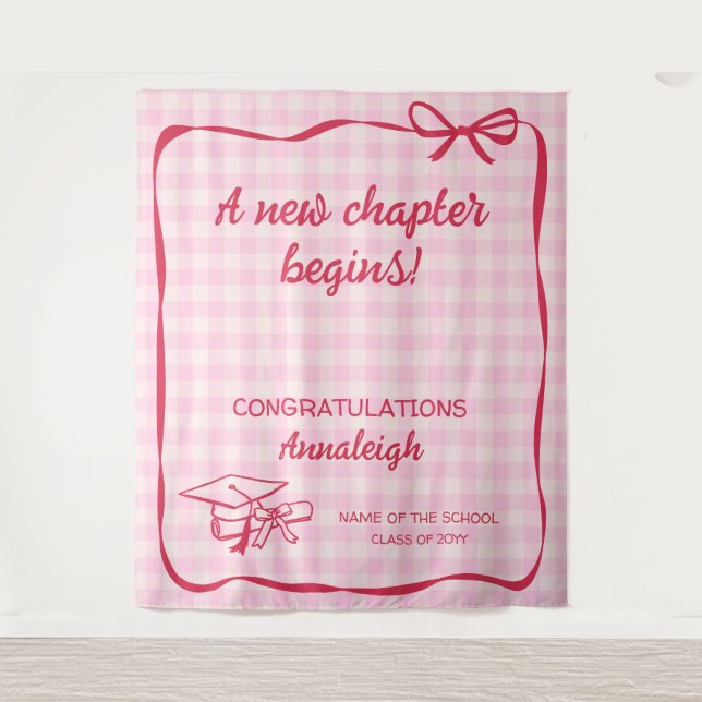 Pink Gingham Bow A New Chapter Graduation Tapestry (Front)