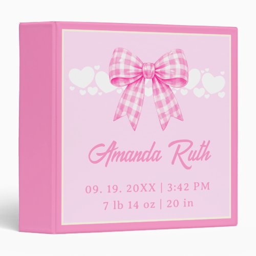 Pink Gingham Bow Baby Girl Photo Album 3 Ring Binder