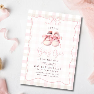 Pink Gingham Bow Baby Girl Shower Baby Sneakers Invitation