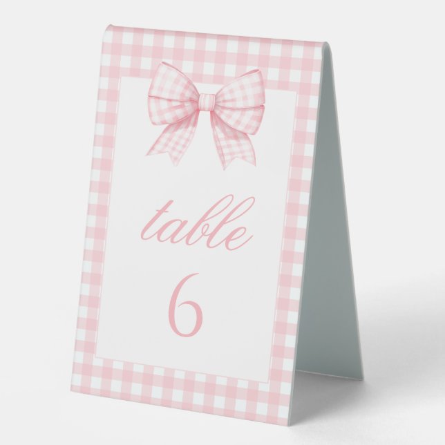 Pink Gingham Bow Baby Girl Shower Table Numbers Tent (Front)