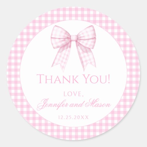 Pink gingham bow baby girl shower thank you classic round sticker