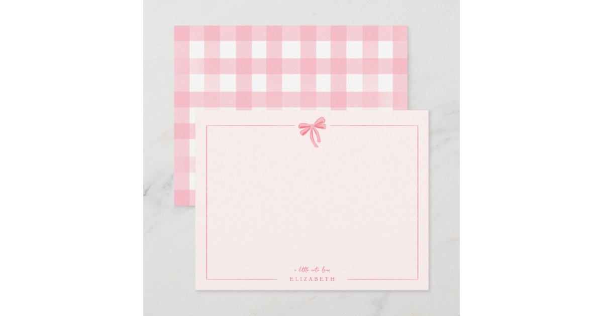 Pink Gingham Bow Baby Kids Personalized Stationery Note Card | Zazzle