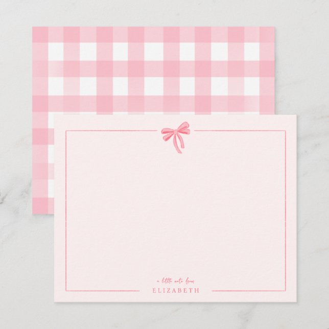 Pink Gingham Bow Baby Kids Personalized Stationery Note Card (Front/Back)