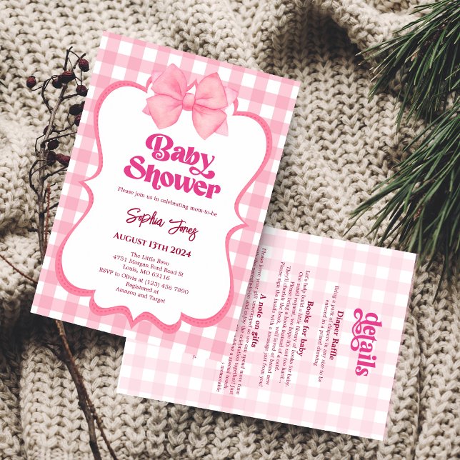 Pink Gingham Bow Baby Shower Cute Girl Baby Shower Invitation (Creator Uploaded)