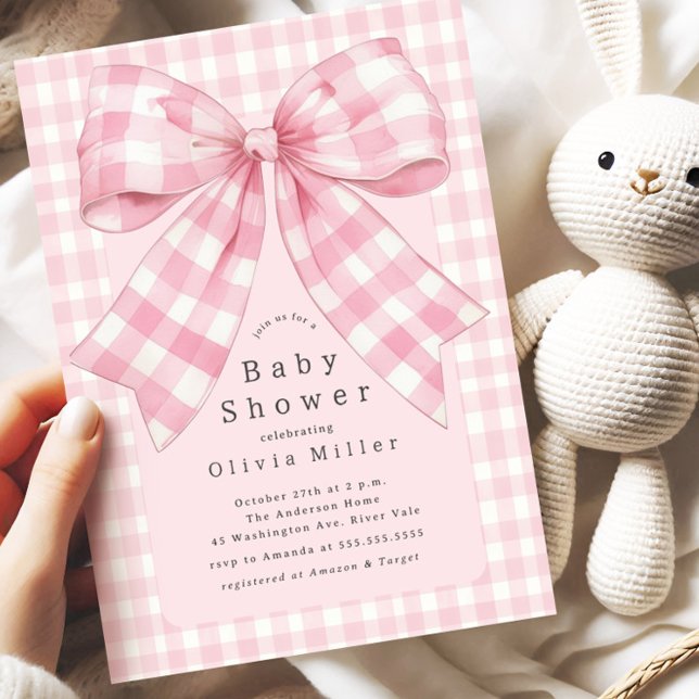 Pink Gingham Bow Baby Shower Invitation (Creator Uploaded)