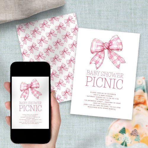 Pink Gingham Bow Baby Shower Picnic Invitation