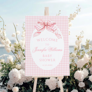Pink Gingham Bow Baby Shower Welcome Sign Board