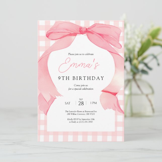 Pink Gingham Bow Birthday Invitation (Standing Front)