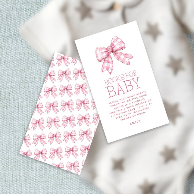 Pink Gingham Bow Books for Baby Baby Shower Enclosure Card (front and back view)