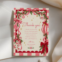 Pink Gingham Bow Christmas Party Thank You Card