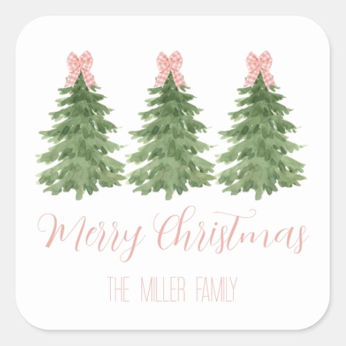 Pink Gingham Bow Christmas Tree Sticker Gift Tag