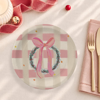 Pink Gingham Bow Christmas Wreath Paper Plates