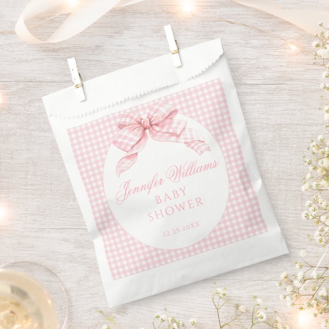 Pink Gingham Bow Coquette theme Baby Girl Shower Favor Bag (Clipped)