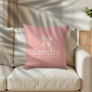 Pink Gingham Bow Custom Name Quote Throw Pillow