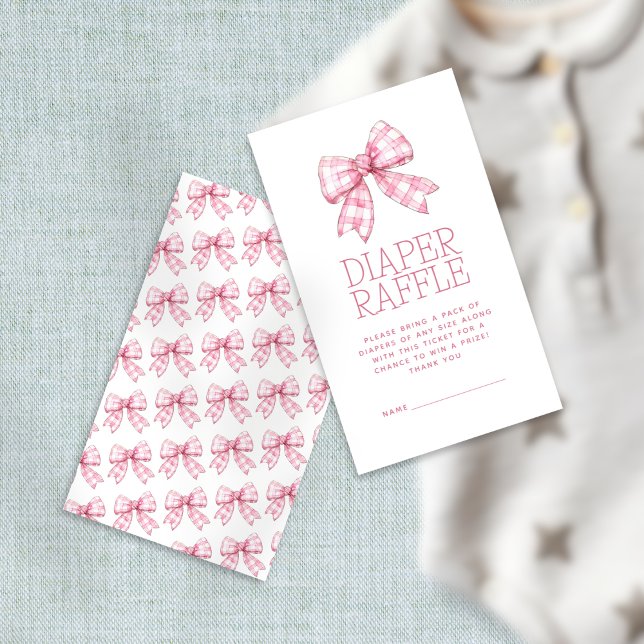 Pink Gingham Bow Diaper Raffle Baby Shower Enclosure Card (Front and back view)