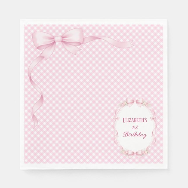 Pink Gingham Bow First Birthday Napkins (Front)