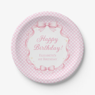 Pink Gingham Bow Girl 1st Birthday Party Paper Plates