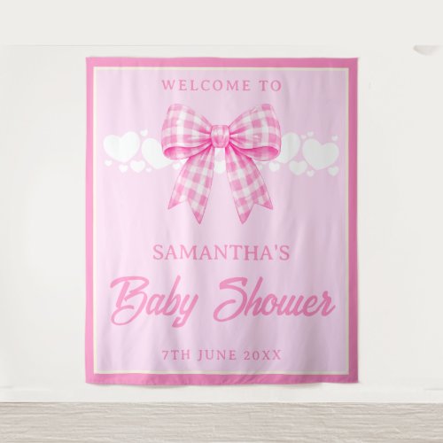 Pink Gingham Bow Girl Baby Shower Backdrop