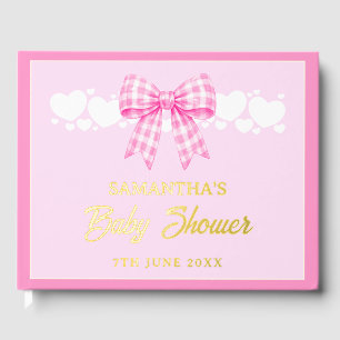 Pink Gingham Bow Girl Baby Shower Gold Foil Guest Book