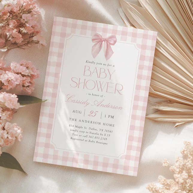 Pink Gingham Bow Girl Baby Shower Invitation (Creator Uploaded)