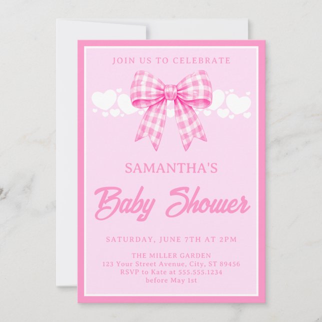 Pink Gingham Bow Girl Baby Shower Invitation (Front)